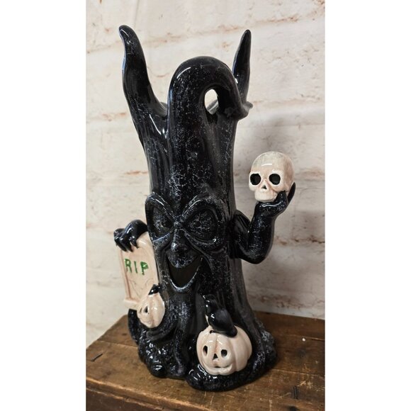 14" Black Spooky Ceramic Halloween Tree Figurine Skull Pumpkins Tombstone Decor - Picture 3 of 8